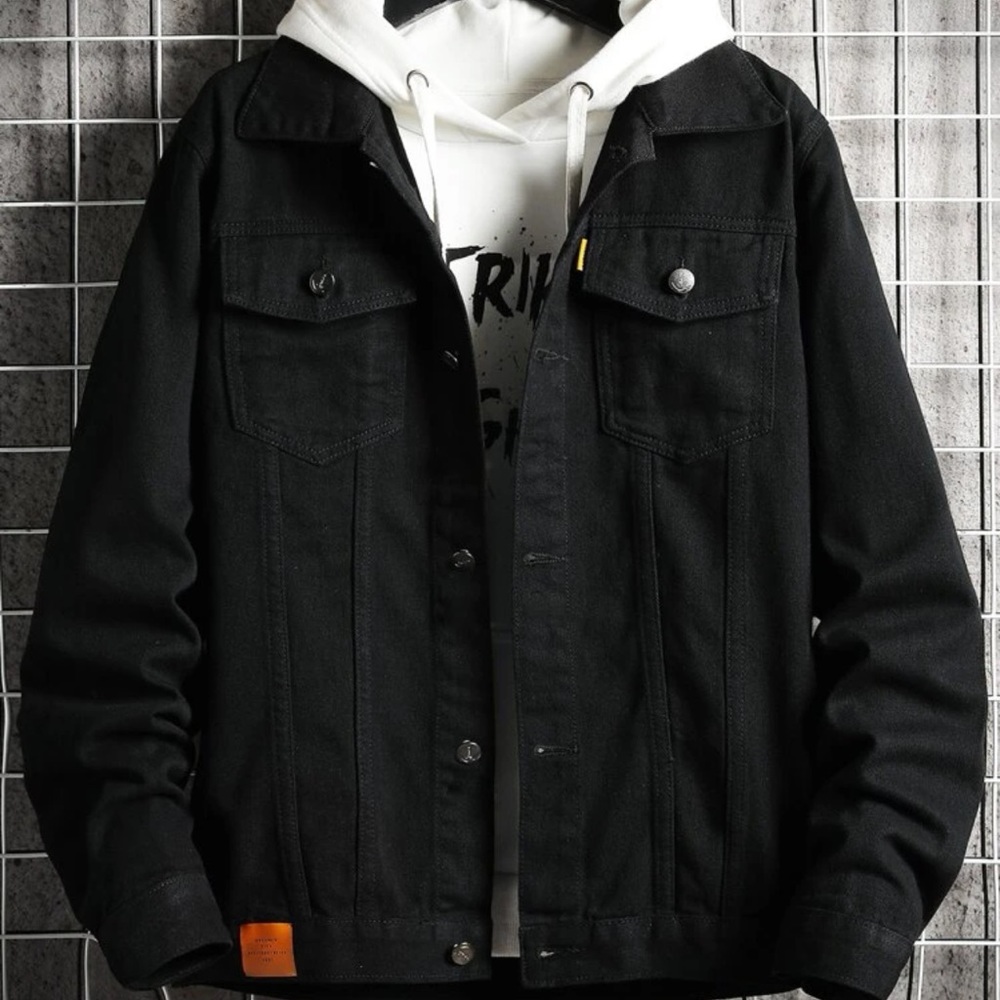 Mens Patched Button Up Trucker Jacket Black
